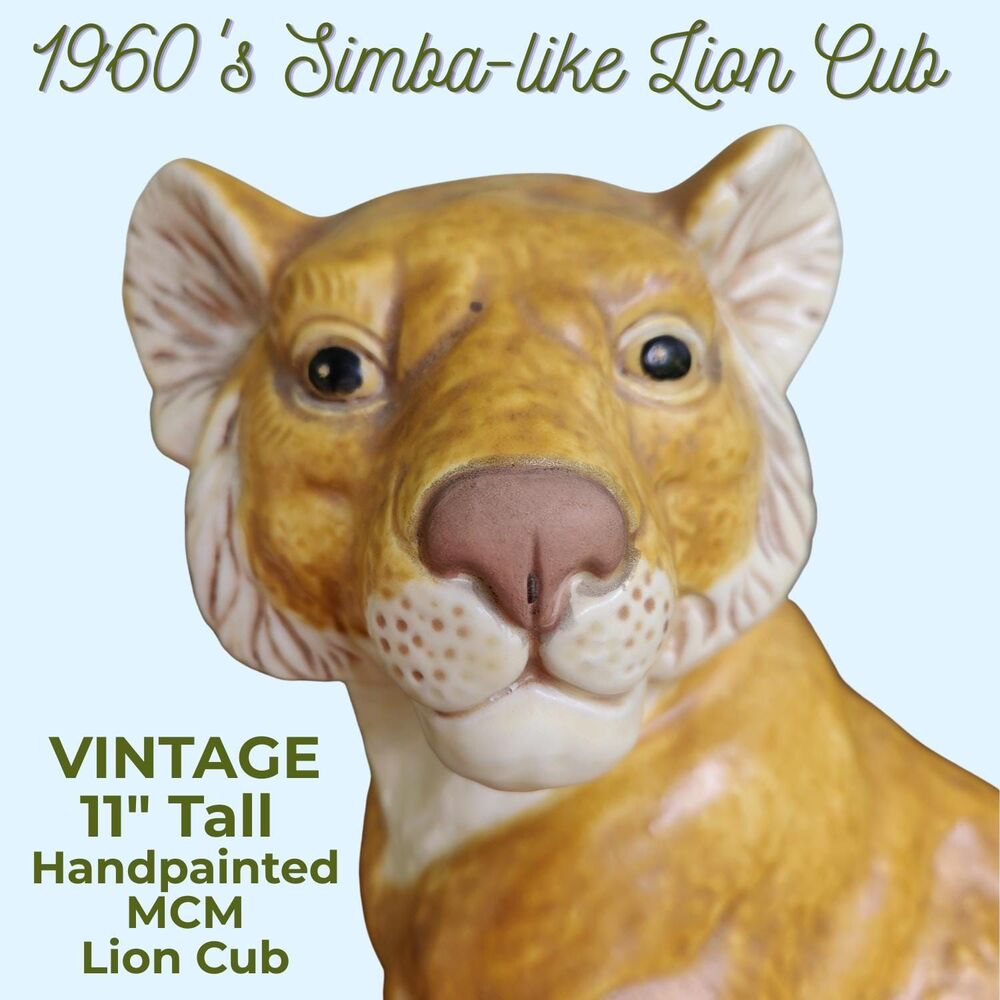 Vintage Ceramic Lion Cub Statue | MCM 1960s Chalkware handpainted 11" Figurin